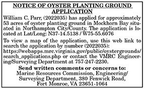 Notice of Oyster Planting Ground Application Parr 7.15, 7.22