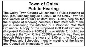 Town of Onley Public Hearing on Proposed Golf Cart Ordinance 7.15, 7.22