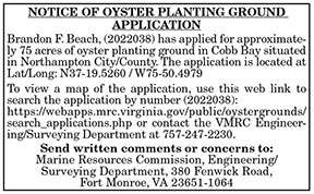 Notice of Oyster Planting Ground Application Brandon F. Beach 8.26, 9.2