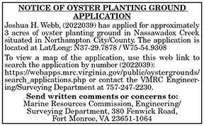 Notice of Oyster Planting Ground Application Joshua H. Webb 8.26, 9.2