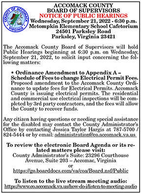 Accomack County BOS Notice of Public Hearings on Ordinance Amendment for Electrical Permit Fees 9.9, 9.16