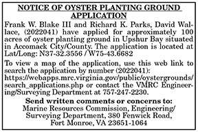 Notice of Oyster Planting Ground Application Blake 2022041 9.2, 9.9