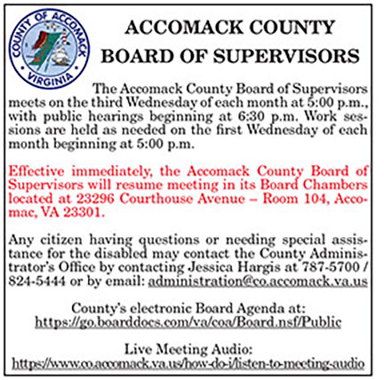 Accomack Board of Supervisors Meeting Place Change 1.13, 1.20