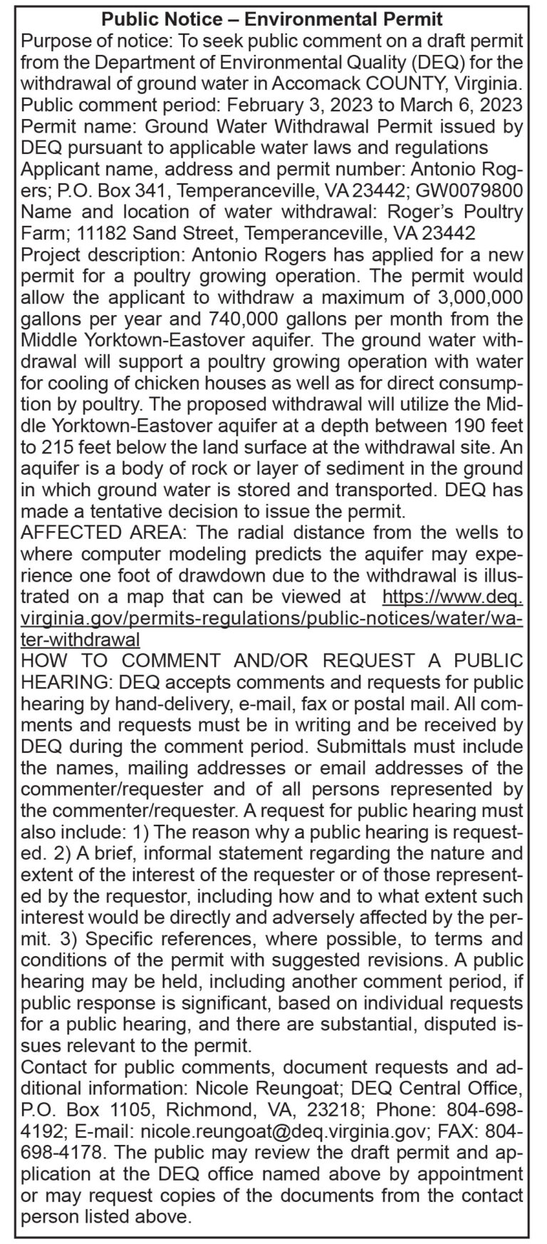 DEQ Public Notice Environmental Permit Rogers 2.3