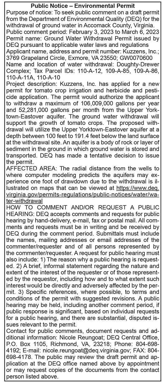 DEQ Public Notice Environmental Permit Kuzzens, Singletary 2.3