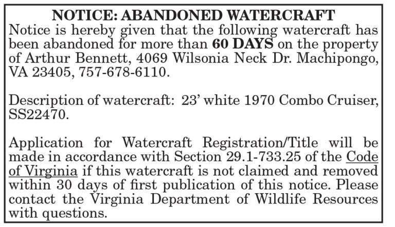 Notice Abandoned Watercraft Arthur Bennett 2.17, 2.24, 3.3