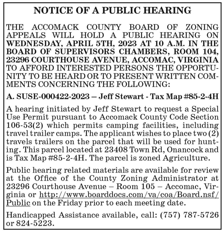 Notice of Public Hearing, Accomack County BZA, 3.17, 3.24