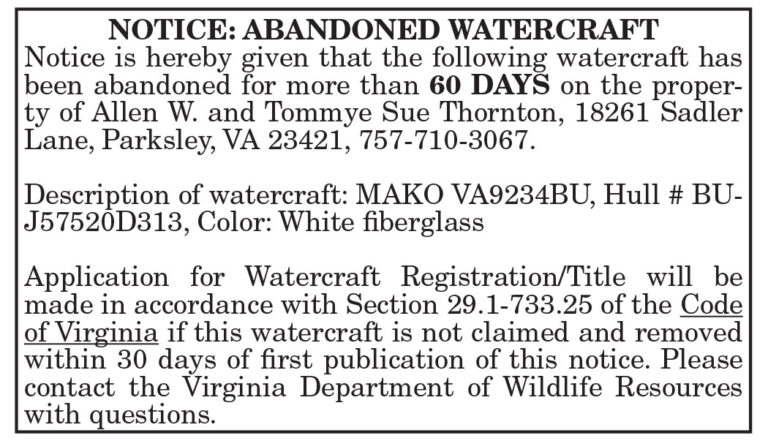 Abandoned Watercraft Notice, Thornton, 3.3, 3.10, 3.17, 3.24, 3.31
