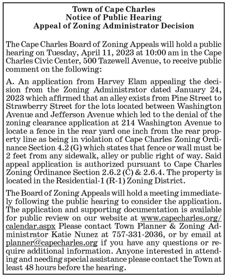 Town of Cape Charles, Public Hearing, Appeal of Zoning Admin Decision, 3.24, 3.31