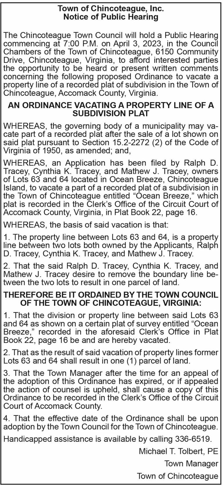 Town of Chincoteague, Notice of Public Hearing, April 3, 3.17, 3.24