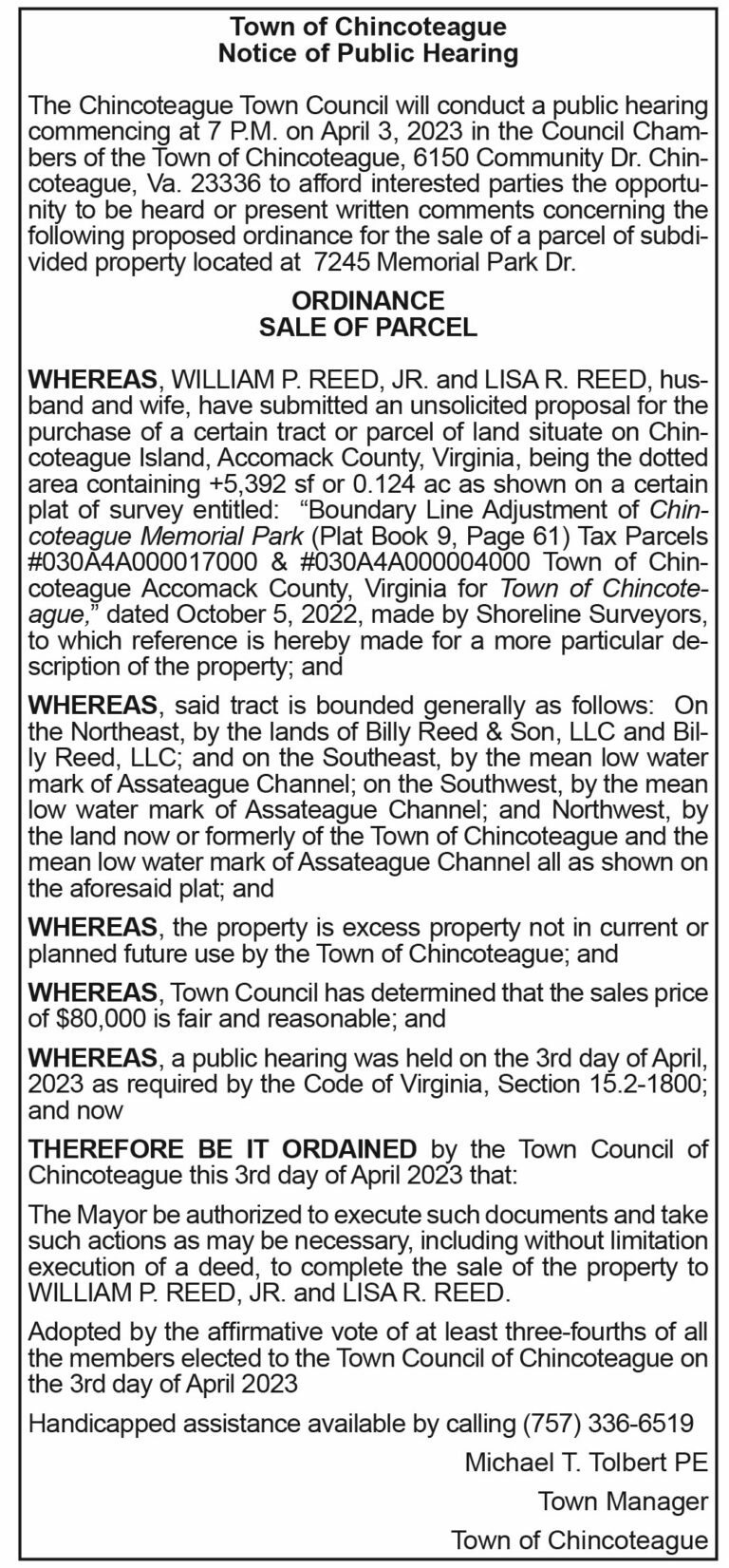 Town of Chincoteague, Notice of Public Hearing, Parcel Sale, 3.24