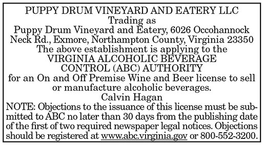 ABC License, Puppy Drum Vineyard and Eatery