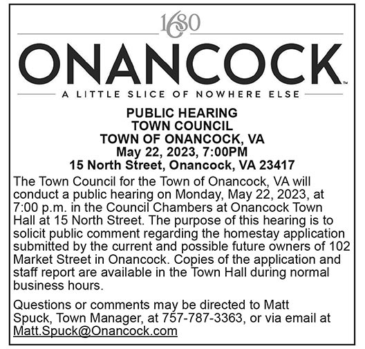 Town of Onancock, Public Hearing, May 22, 102 Market St. Homestay,