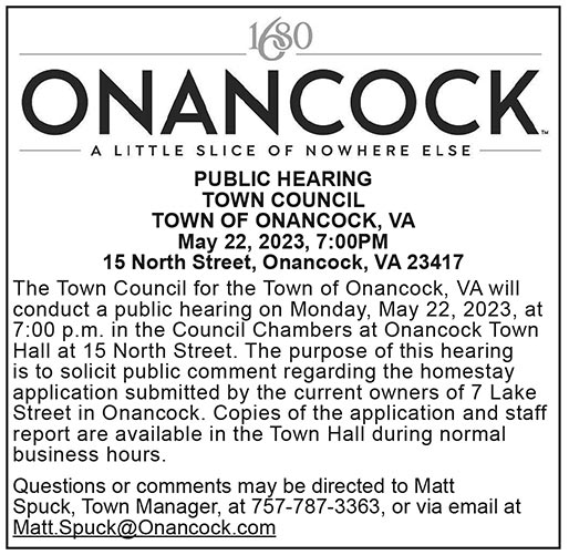 Town of Onancock, Public Hearing, May 22, 7 Lake St. Homestay