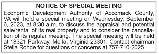Accomack County, Economic Development Authority, Notice of Special Meeting, September 6
