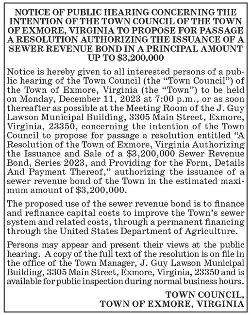 Town of Exmore, Public Hearing, Dec. 11, Sewer Revenue Bond