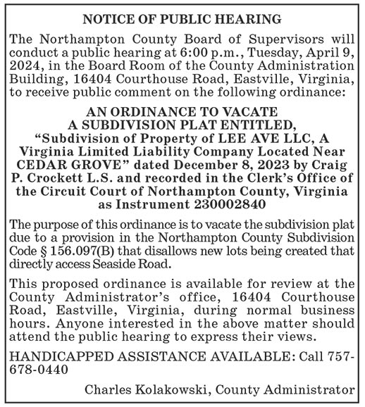 Northampton County BOS, Public Hearing, April 9, Ordinance to Vacate