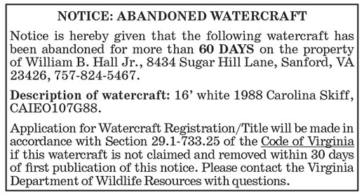 Abandoned Watercraft on Property of William B. Hall Jr.
