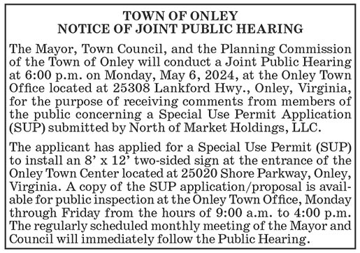 Town of Onley, Joint Public Hearing, May 6