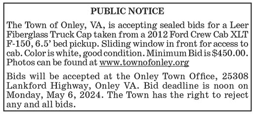 Town of Onley, Accepting Bids for Truck Cap