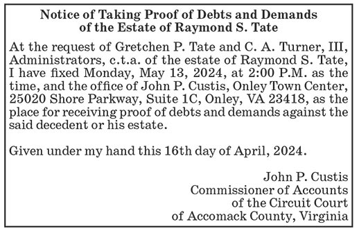 Notice of Taking Proof of Debts and Demands of the Estate of Raymond Tate
