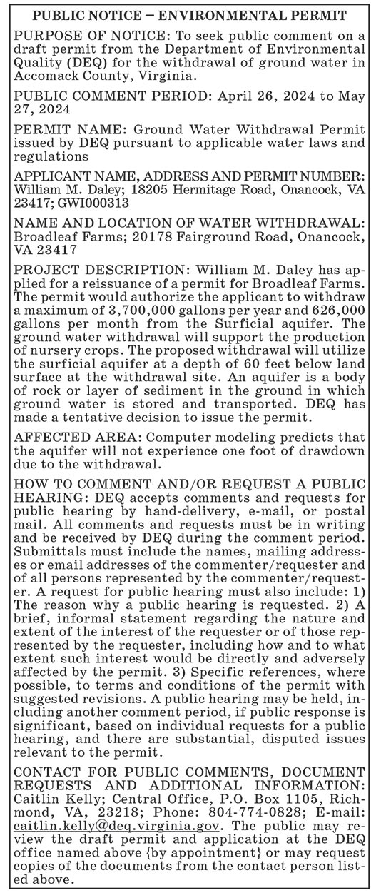 DEQ Water Permit, William Daley, Broadleaf Farms