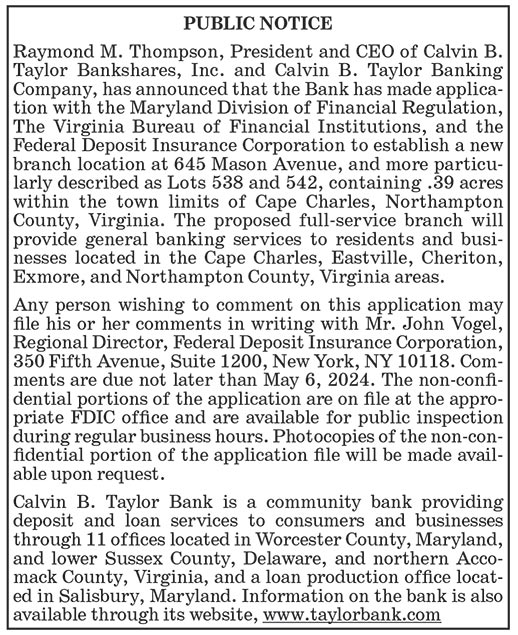 Public Notice, Taylor Bank Establishing New Branch in Cape Charles