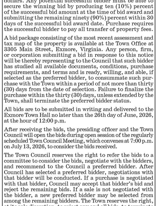 Town of Exmore, Invitation to Bid, Sale of Town Property