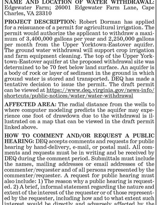 DEQ Water Permit, Robert Dorman, Edgewater Farm