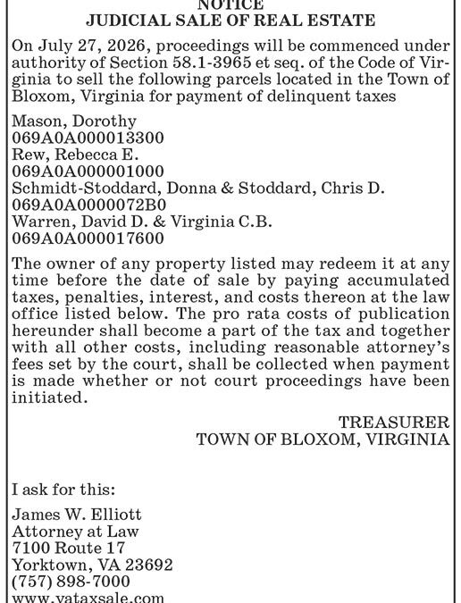 Judicial Sale of Real Estate, Parcels in Town of Bloxom, July 27