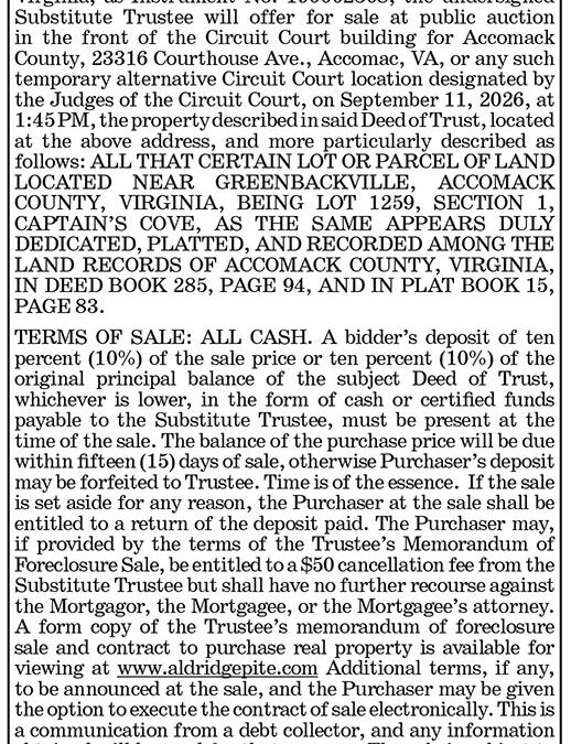 Trustee’s Sale, 3229 Captains Corridor, Sept. 11