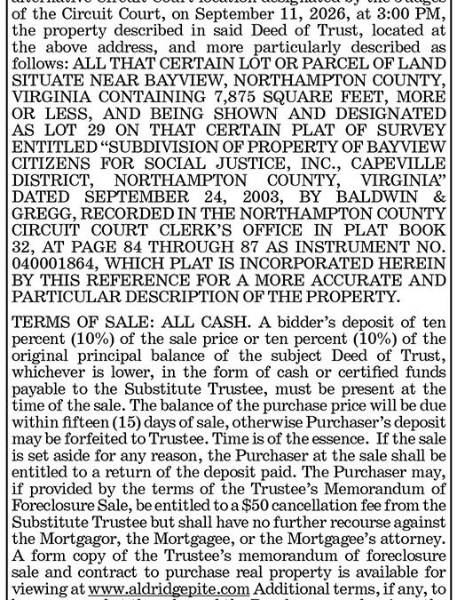 Trustee’s Sale, 22343 Woodcock Circle, Sept. 11