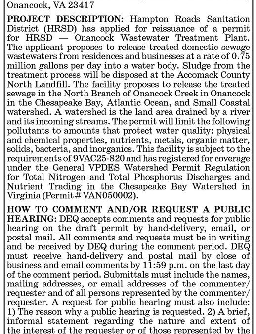 DEQ Water Permit, HRSD, Onancock Wastewater Treatment Plant