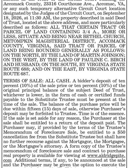 Trustee’s Sale, 13740 Bethel Church Road, Sept. 18