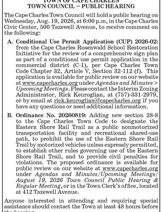 Town of Cape Charles, Town Council, Public Hearing, Aug. 19