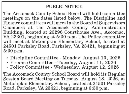 Accomack County School Board, August 2026 Meetings
