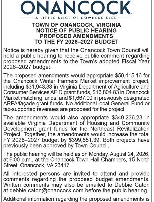 Town of Onancock, Public Hearing, Budget Amendments, Aug. 24