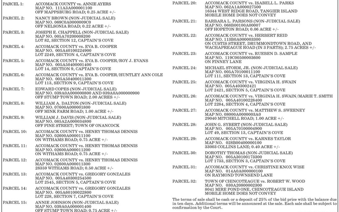 Commissioner’s Sale of Valuable Real Estate, Accomack County, Sept. 16