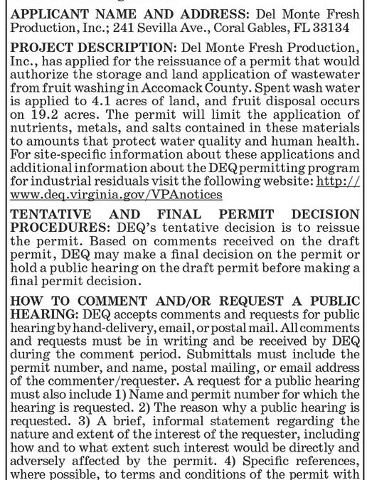 DEQ Water Permit, Del Monte Fresh Production Inc.