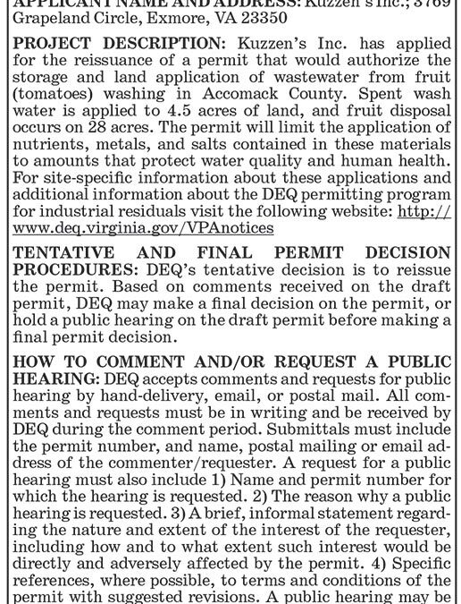 DEQ Water Permit, Kuzzens Inc