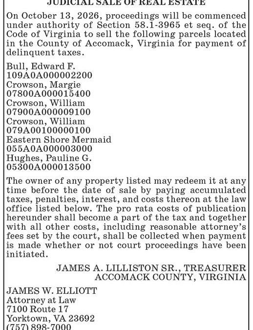 Judicial Sale of Real Estate, Accomack County, Oct. 13