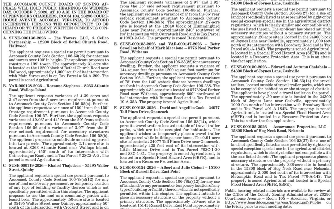 Accomack County BZA, Public Hearing, Oct. 7