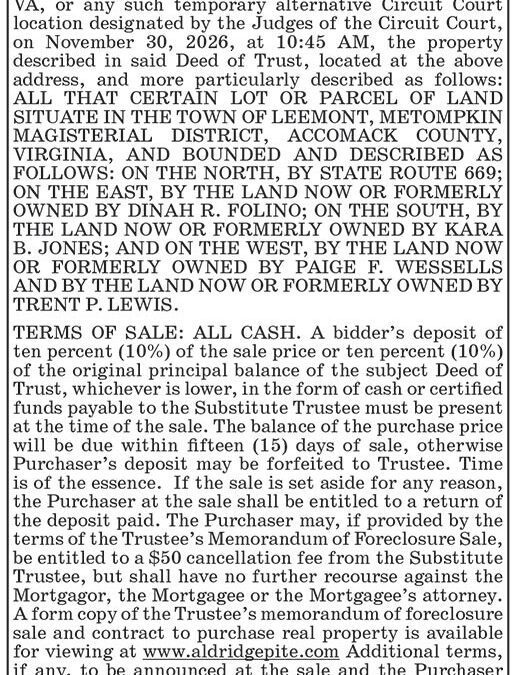 Trustee’s Sale, 22594 Lee Mont Road, Nov. 30